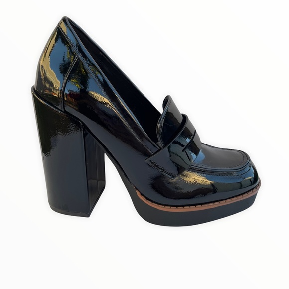 Black Super Chunky Heel Penny Loafers - Picture 5 of 8